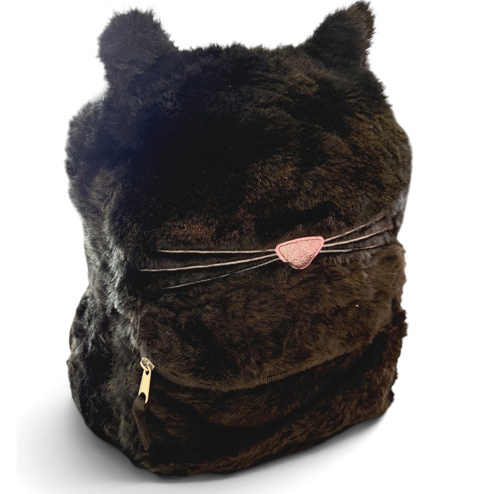 Plush Black Cat Backpack with Glitter Pink Nose Faux Fur Kitty School Travel Bag